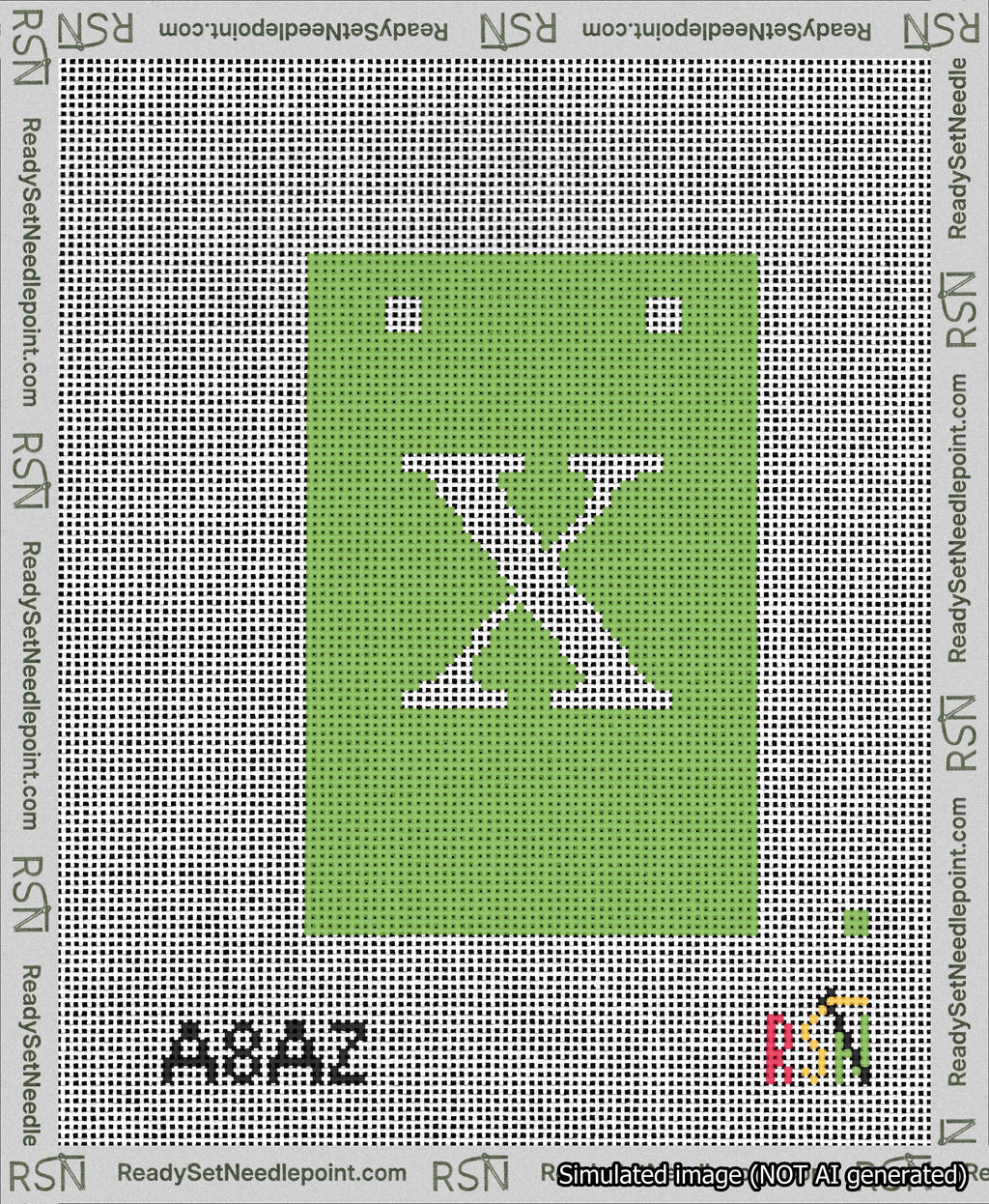 A taped needlepoint canvas with the design: Banner 13 mesh count Squared X White on Light Green.