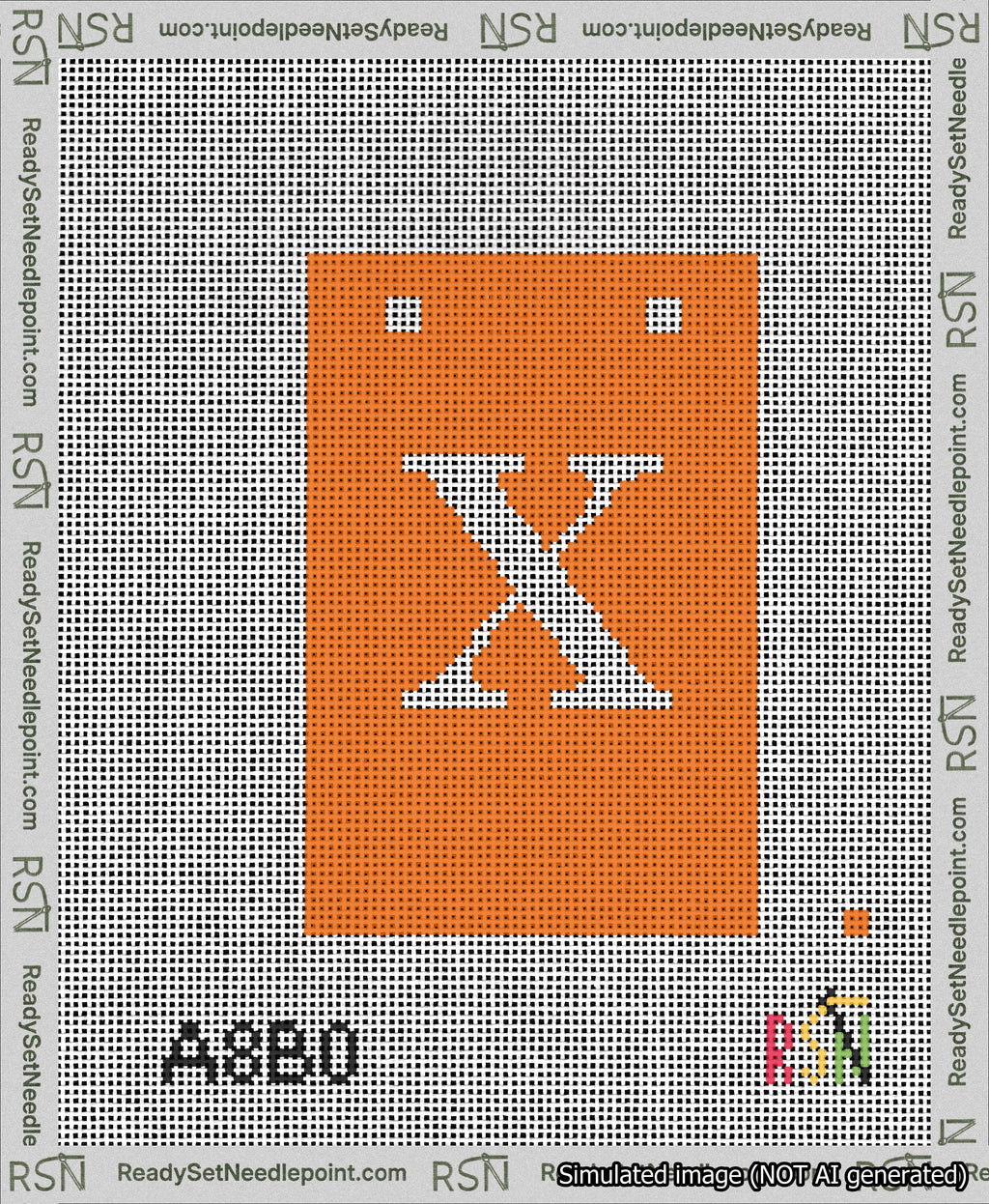 A taped needlepoint canvas with the design: Banner 13 mesh count Squared X White on Orange.