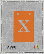 A taped needlepoint canvas with the design: Banner 13 mesh count Squared X White on Orange.
