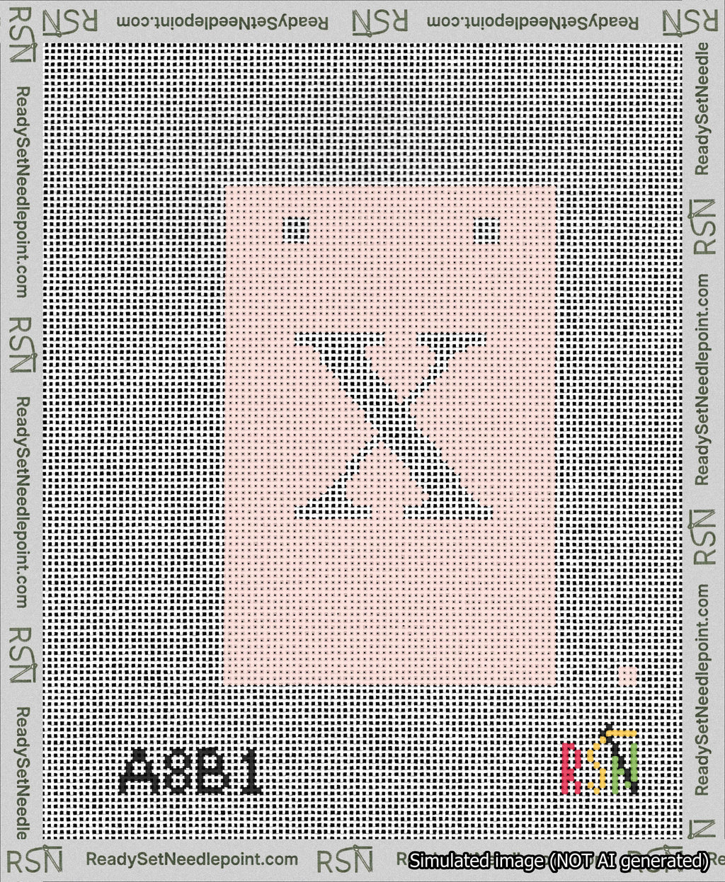 A taped needlepoint canvas with the design: Banner 13 mesh count Squared X White on Pink.