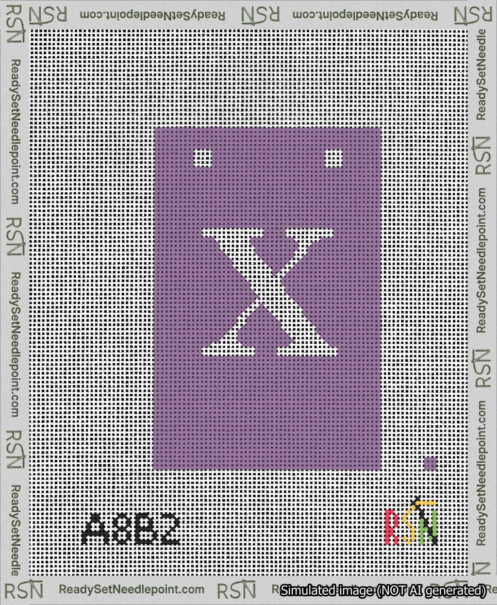 A taped needlepoint canvas with the design: Banner 13 mesh count Squared X White on Purple.