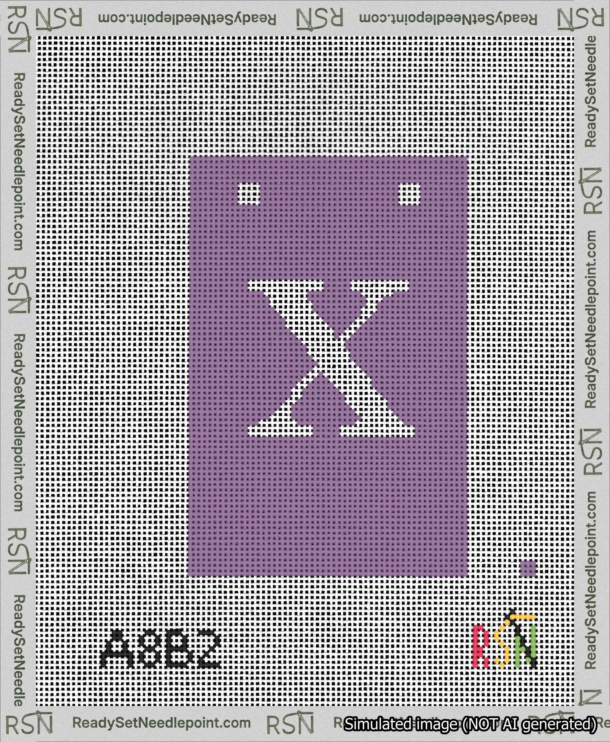 A taped needlepoint canvas with the design: Banner 13 mesh count Squared X White on Purple.