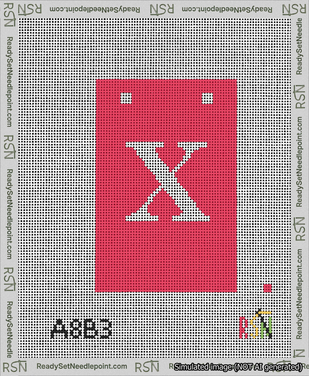 A taped needlepoint canvas with the design: Banner 13 mesh count Squared X White on Red.