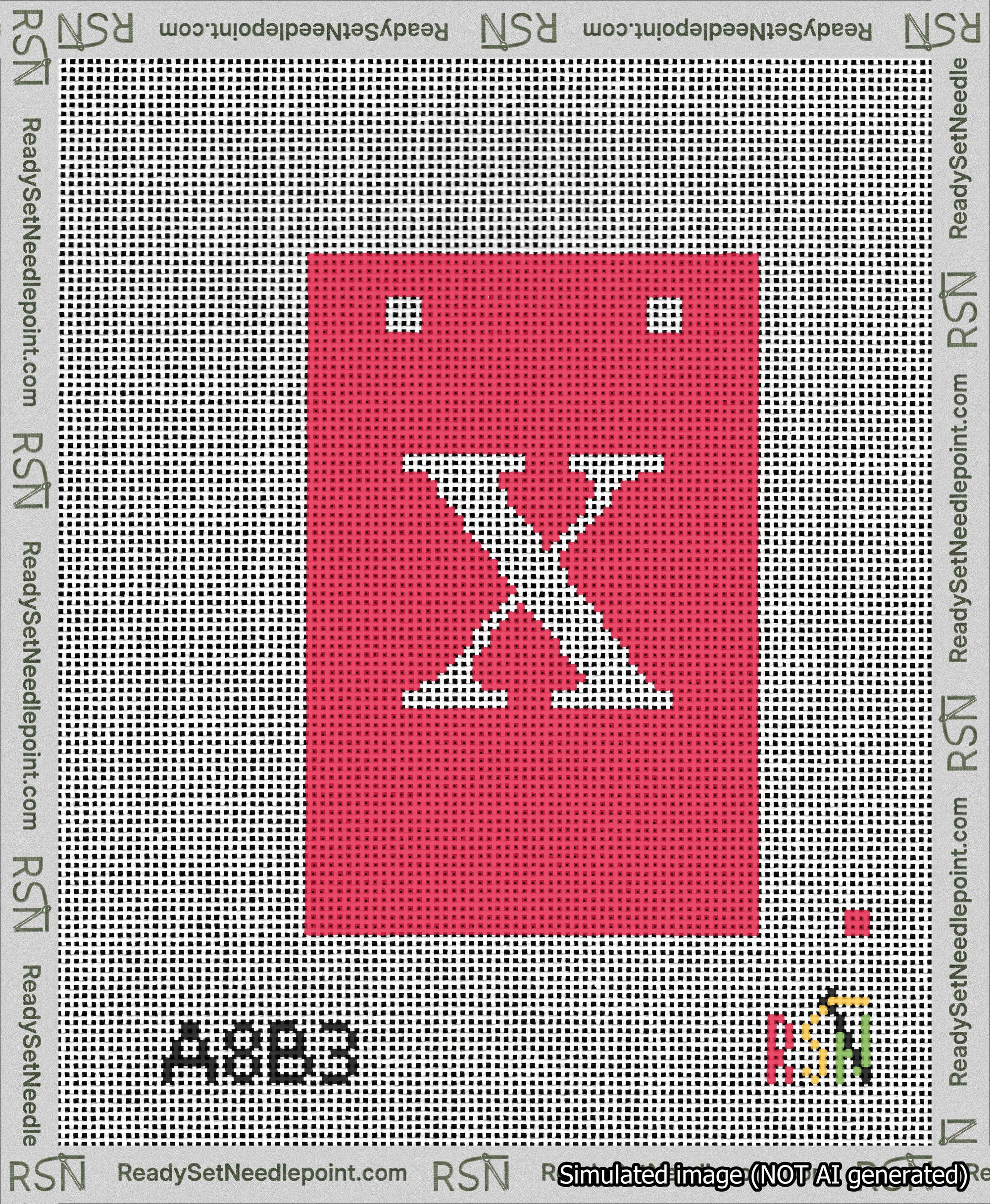 A taped needlepoint canvas with the design: Banner 13 mesh count Squared X White on Red.