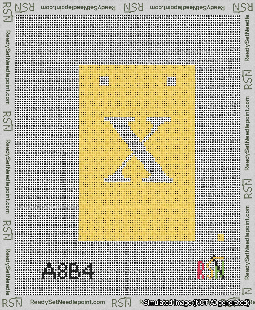 A taped needlepoint canvas with the design: Banner 13 mesh count Squared X White on Yellow.