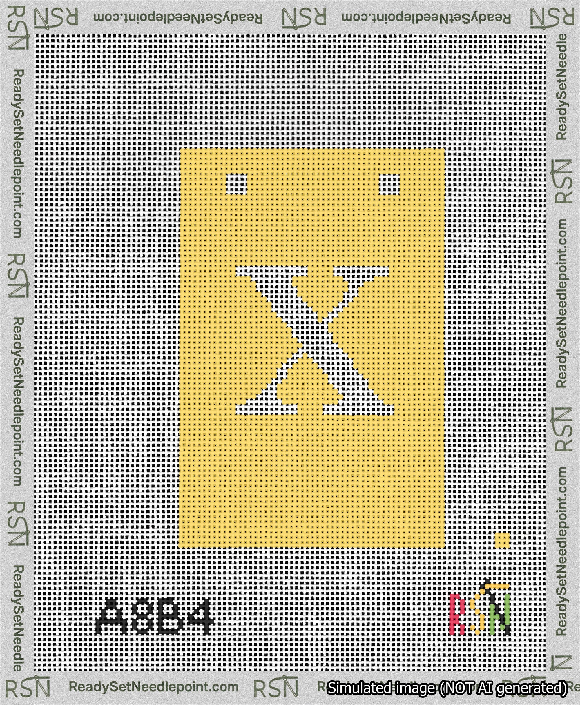A taped needlepoint canvas with the design: Banner 13 mesh count Squared X White on Yellow.