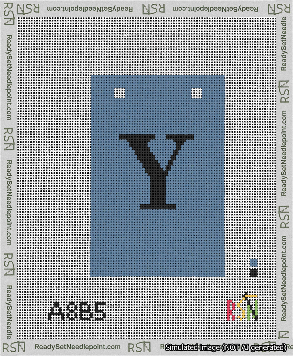 A taped needlepoint canvas with the design: Banner 13 mesh count Squared Y Black on Blue.