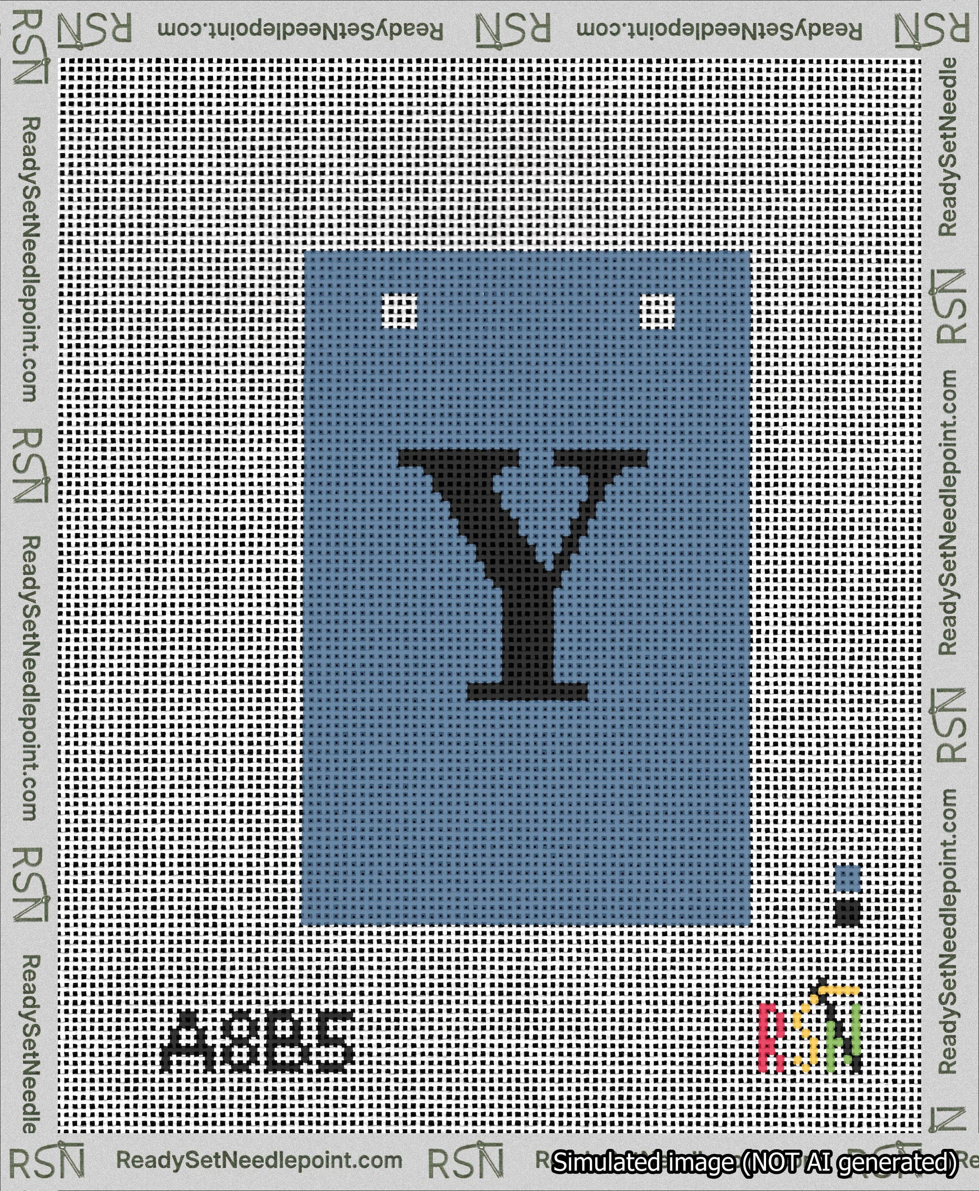 A taped needlepoint canvas with the design: Banner 13 mesh count Squared Y Black on Blue.