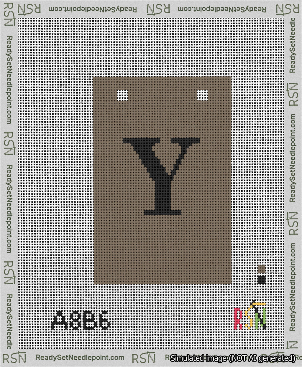 A taped needlepoint canvas with the design: Banner 13 mesh count Squared Y Black on Brown.