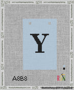 A taped needlepoint canvas with the design: Banner 13 mesh count Squared Y Black on Light Blue.
