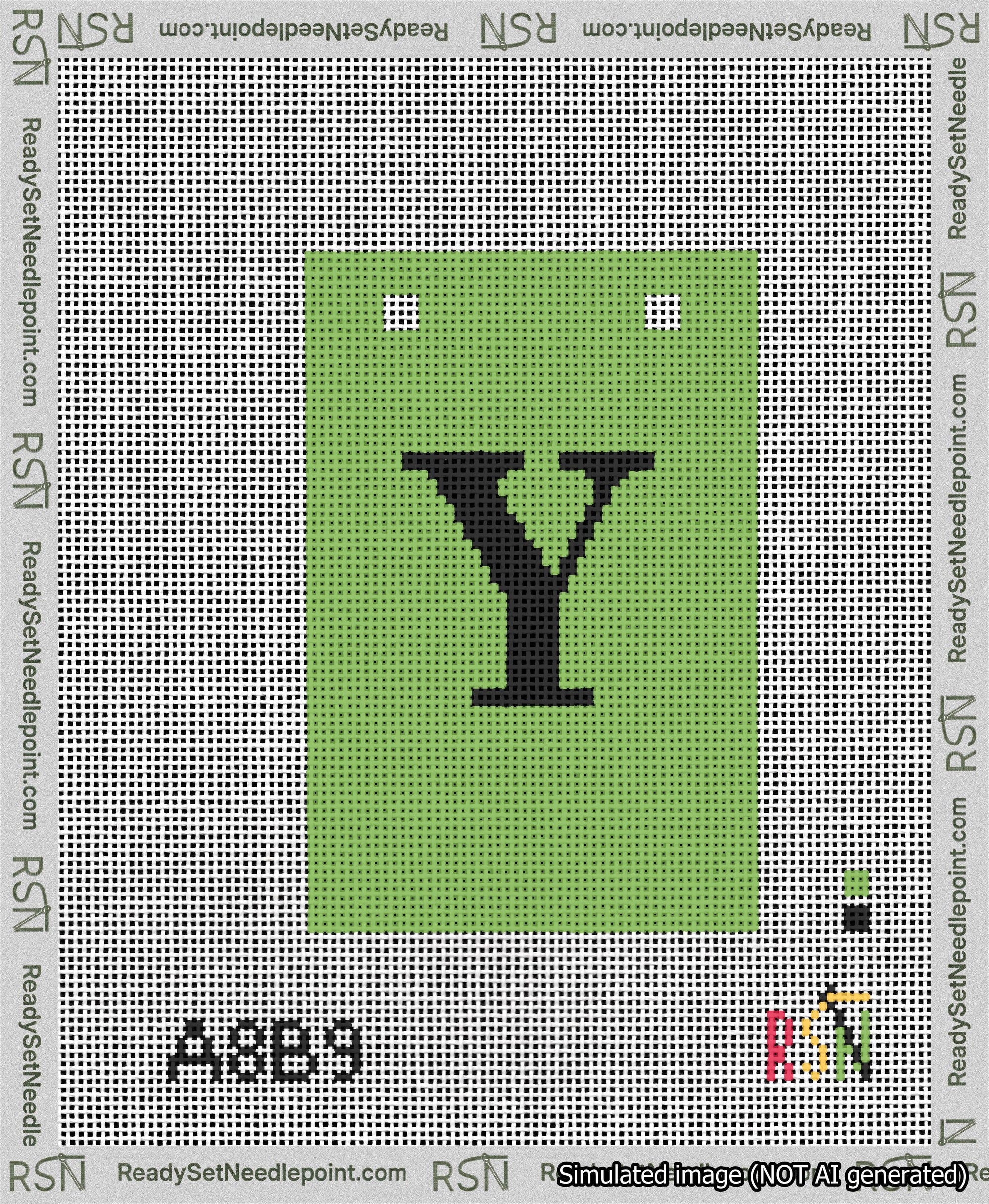A taped needlepoint canvas with the design: Banner 13 mesh count Squared Y Black on Light Green.