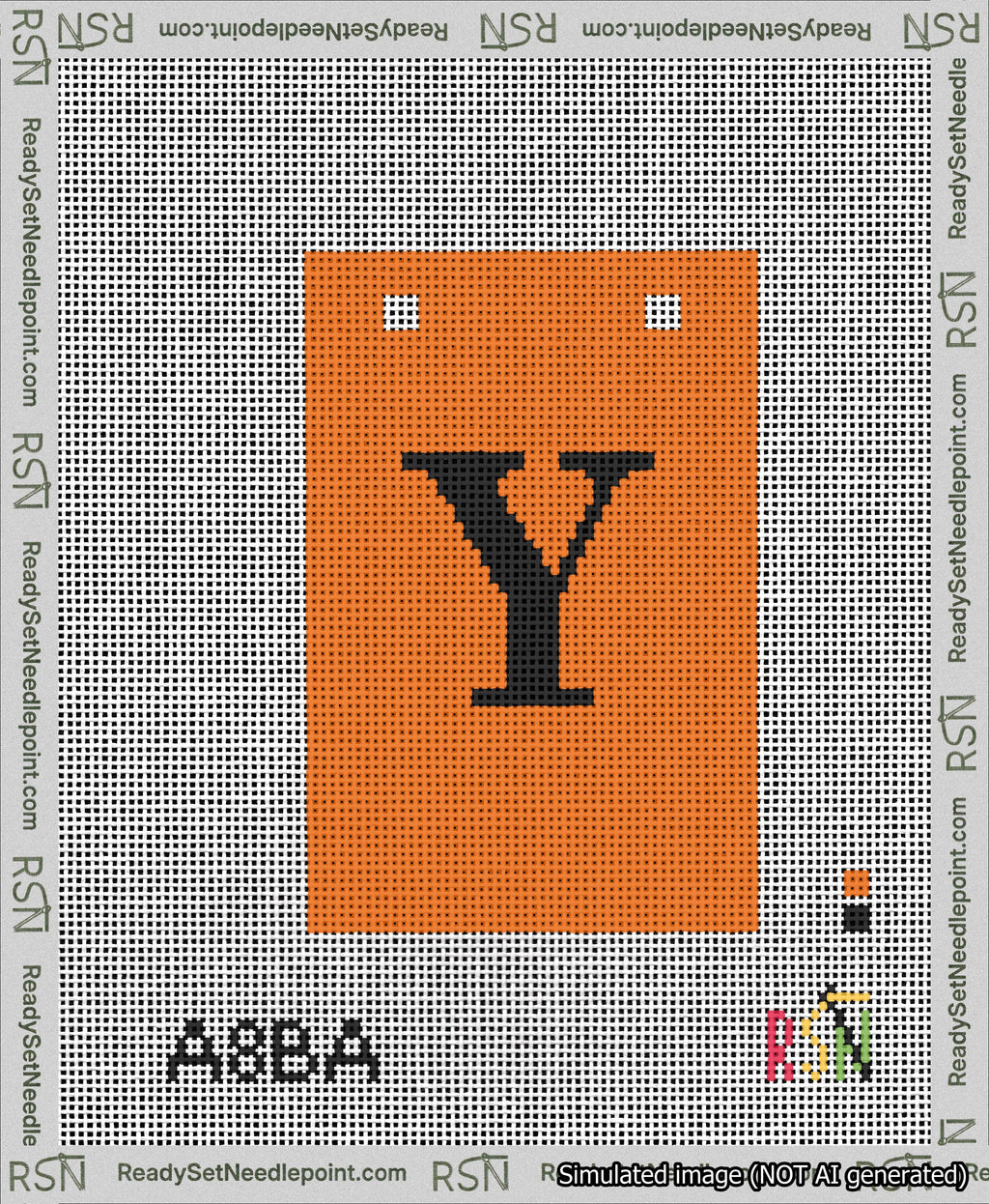 A taped needlepoint canvas with the design: Banner 13 mesh count Squared Y Black on Orange.