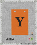A taped needlepoint canvas with the design: Banner 13 mesh count Squared Y Black on Orange.
