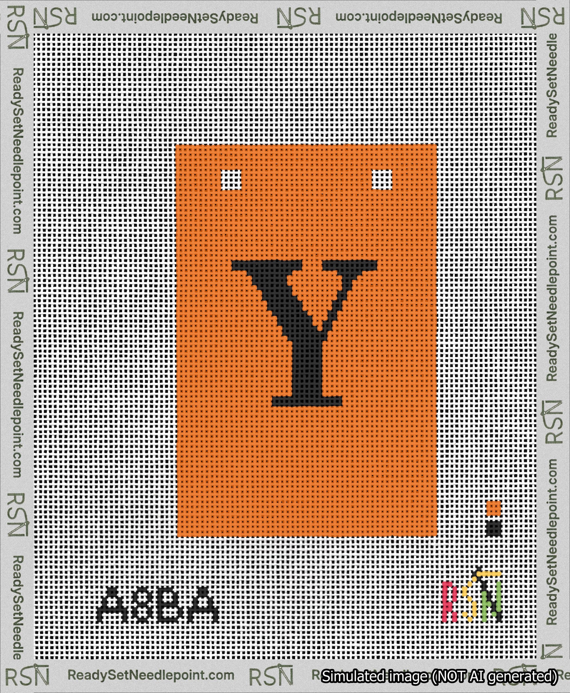 A taped needlepoint canvas with the design: Banner 13 mesh count Squared Y Black on Orange.