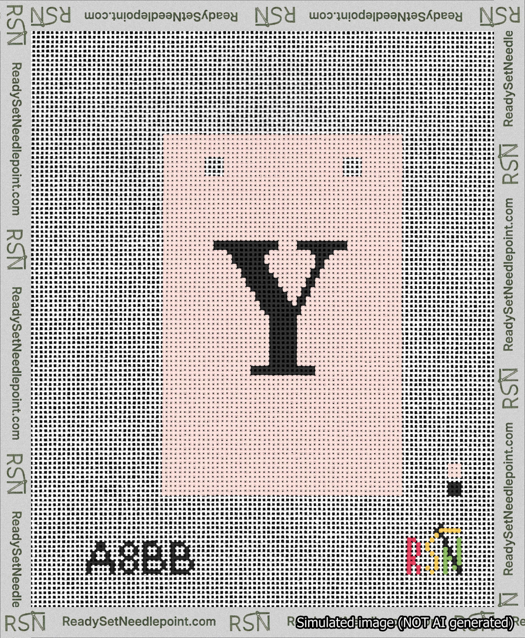 A taped needlepoint canvas with the design: Banner 13 mesh count Squared Y Black on Pink.