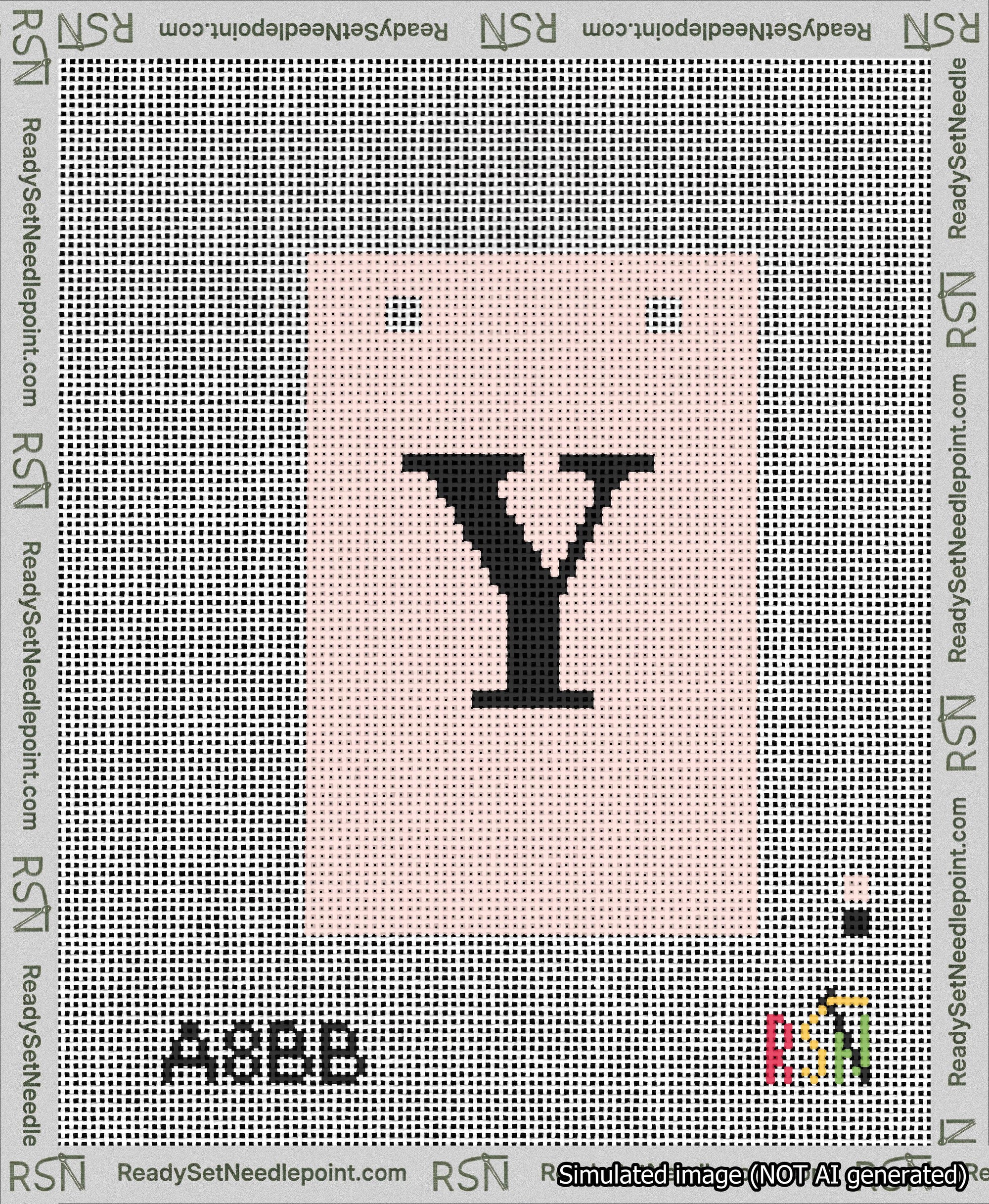 A taped needlepoint canvas with the design: Banner 13 mesh count Squared Y Black on Pink.