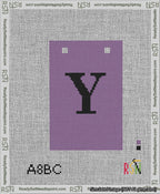 A taped needlepoint canvas with the design: Banner 13 mesh count Squared Y Black on Purple.