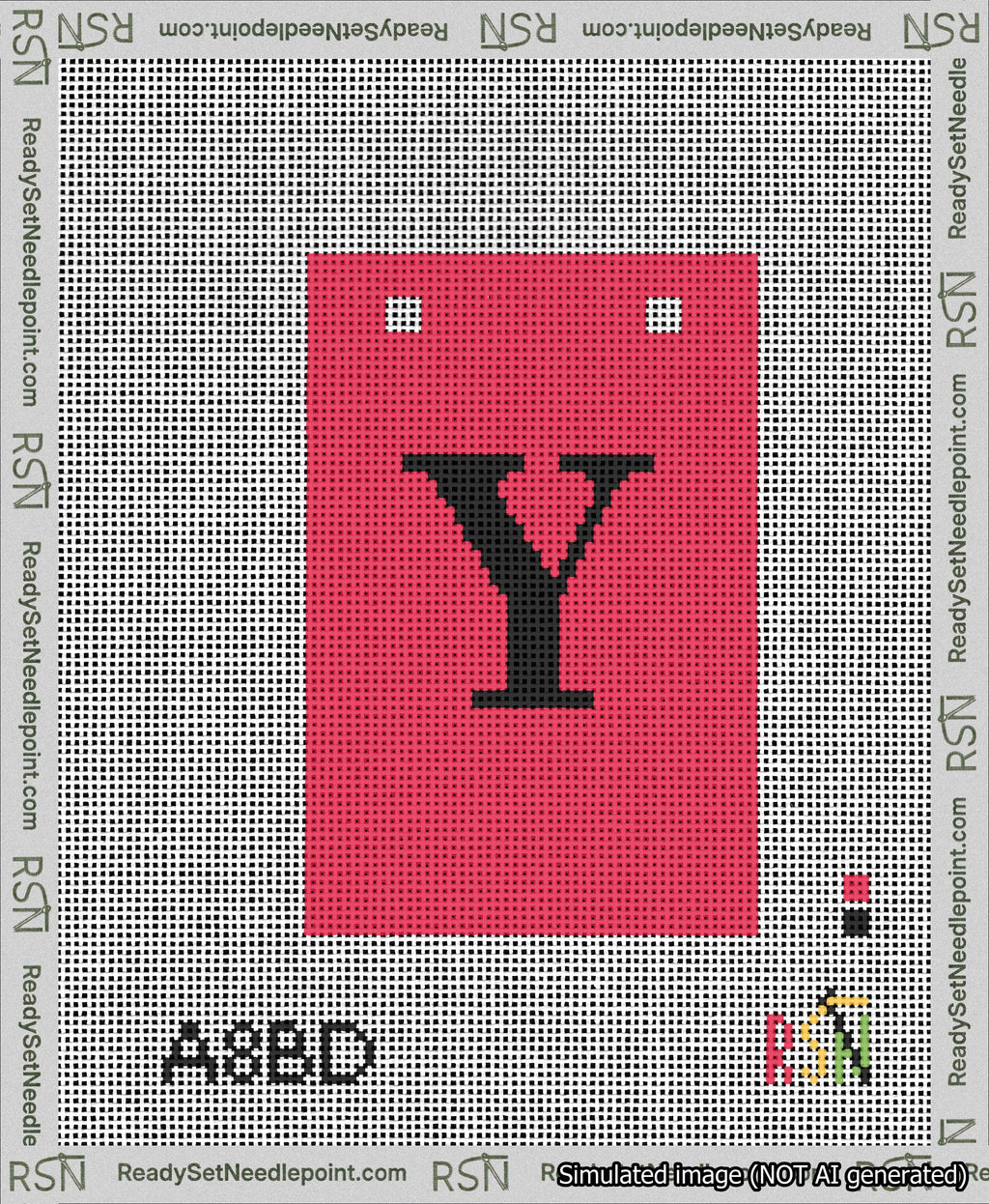 A taped needlepoint canvas with the design: Banner 13 mesh count Squared Y Black on Red.