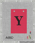 A taped needlepoint canvas with the design: Banner 13 mesh count Squared Y Black on Red.