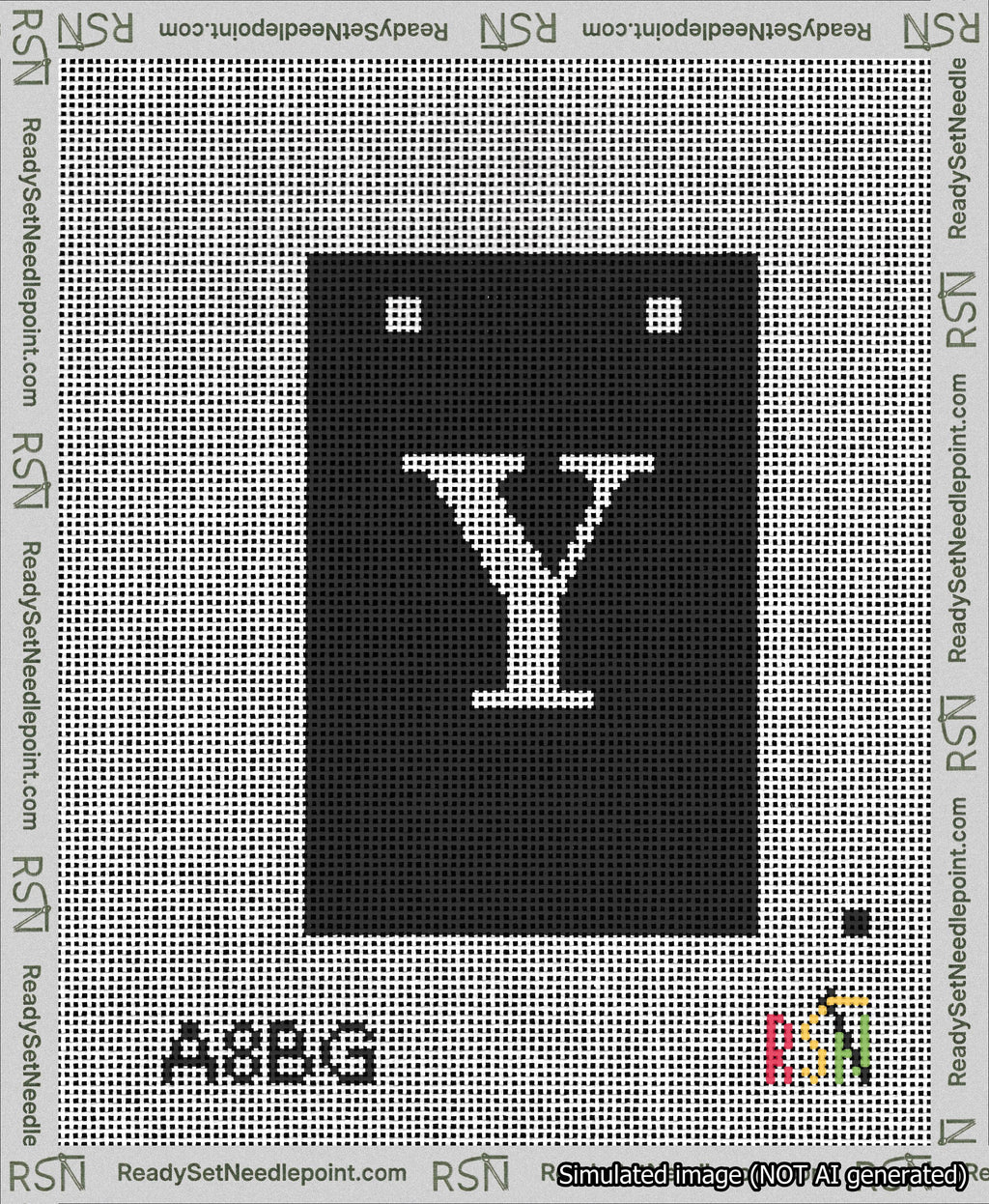 A taped needlepoint canvas with the design: Banner 13 mesh count Squared Y White on Black.