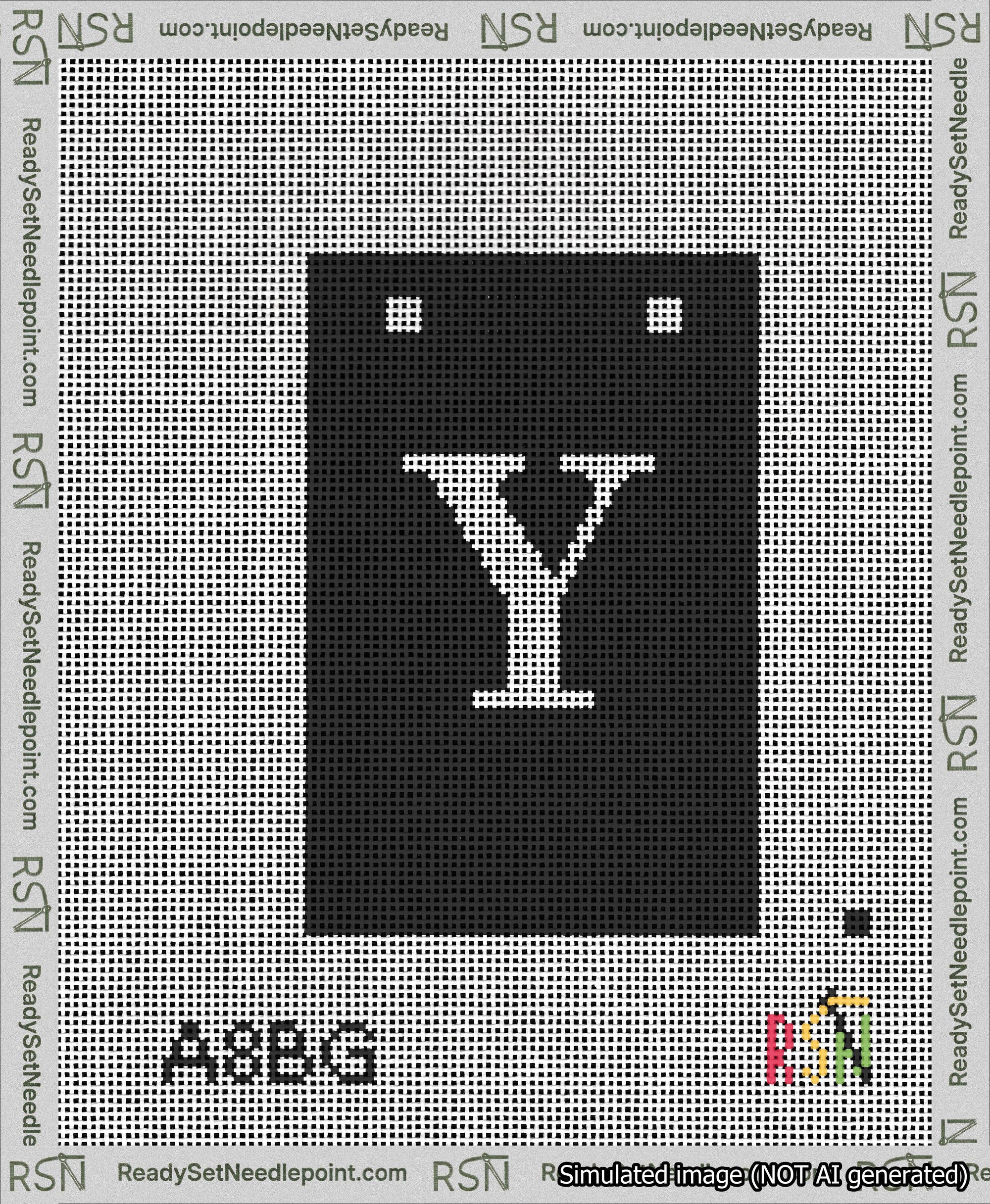 A taped needlepoint canvas with the design: Banner 13 mesh count Squared Y White on Black.