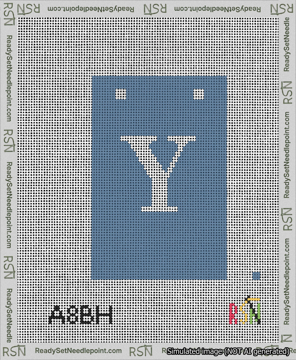 A taped needlepoint canvas with the design: Banner 13 mesh count Squared Y White on Blue.