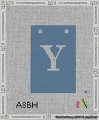 A taped needlepoint canvas with the design: Banner 13 mesh count Squared Y White on Blue.