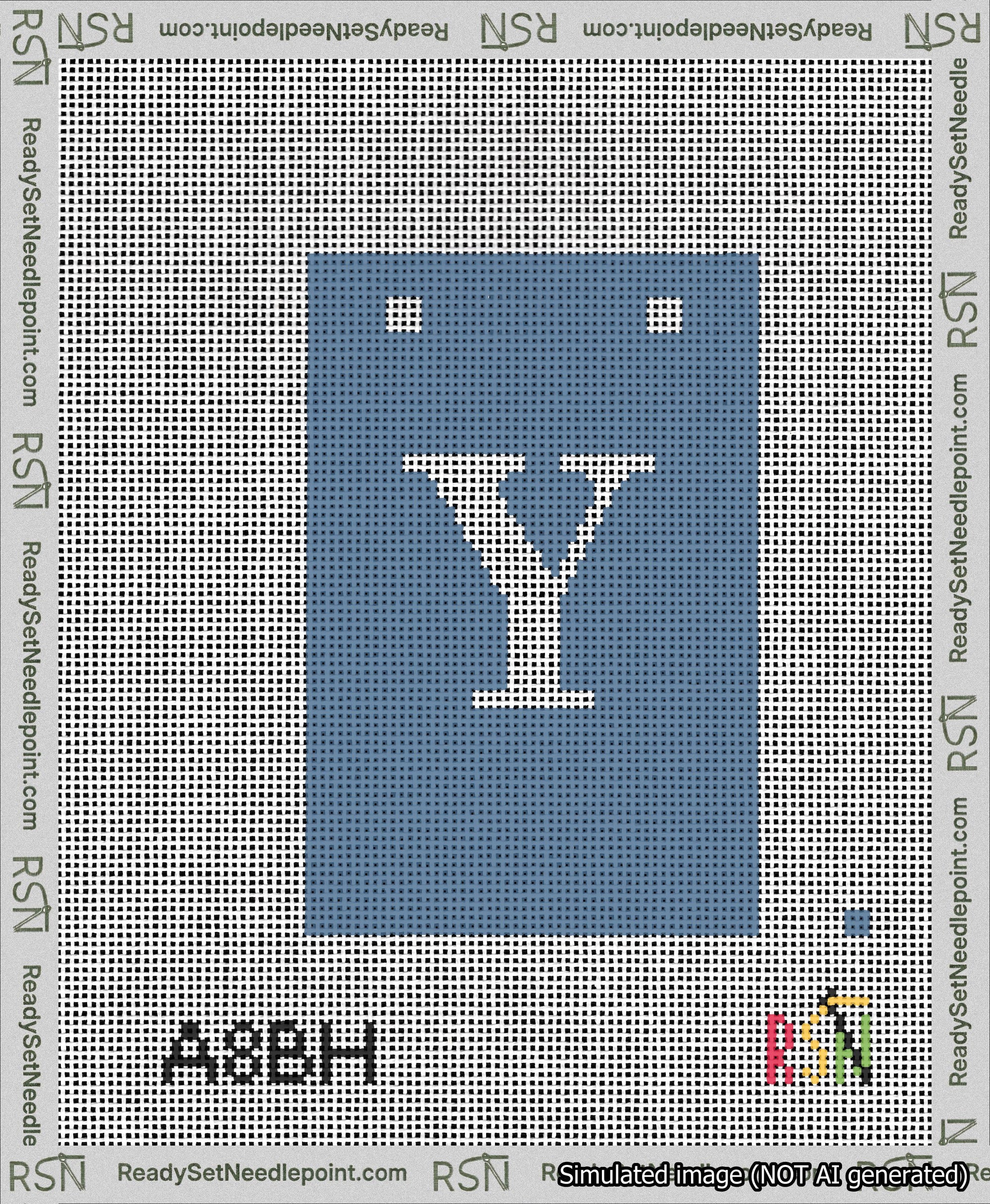 A taped needlepoint canvas with the design: Banner 13 mesh count Squared Y White on Blue.
