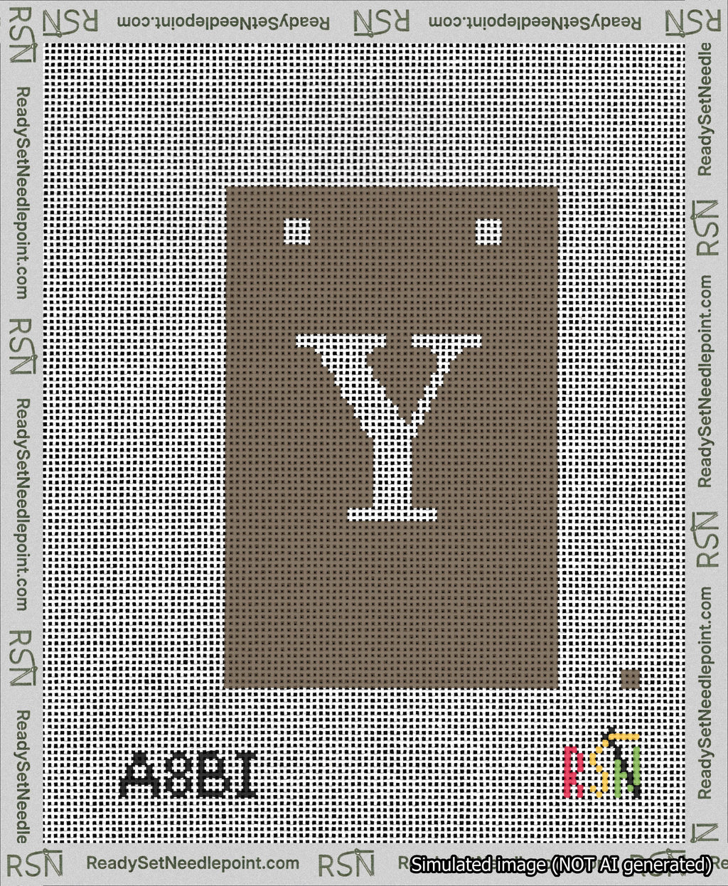 A taped needlepoint canvas with the design: Banner 13 mesh count Squared Y White on Brown.