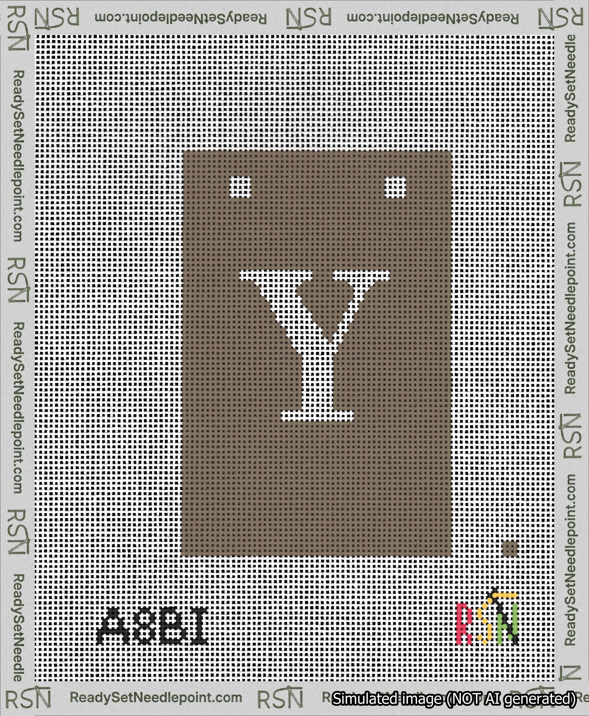 A taped needlepoint canvas with the design: Banner 13 mesh count Squared Y White on Brown.