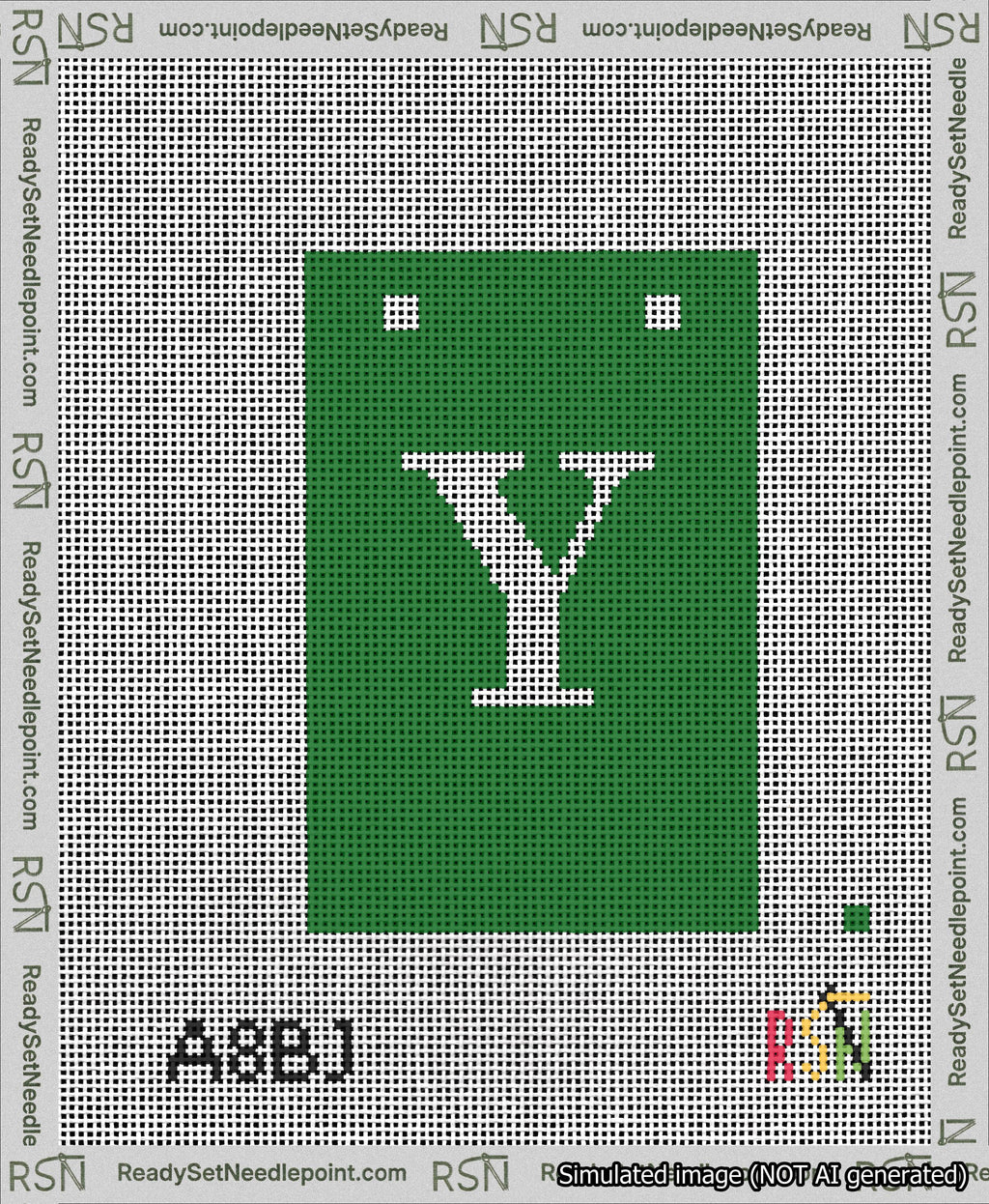 A taped needlepoint canvas with the design: Banner 13 mesh count Squared Y White on Green.