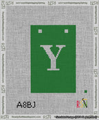 A taped needlepoint canvas with the design: Banner 13 mesh count Squared Y White on Green.