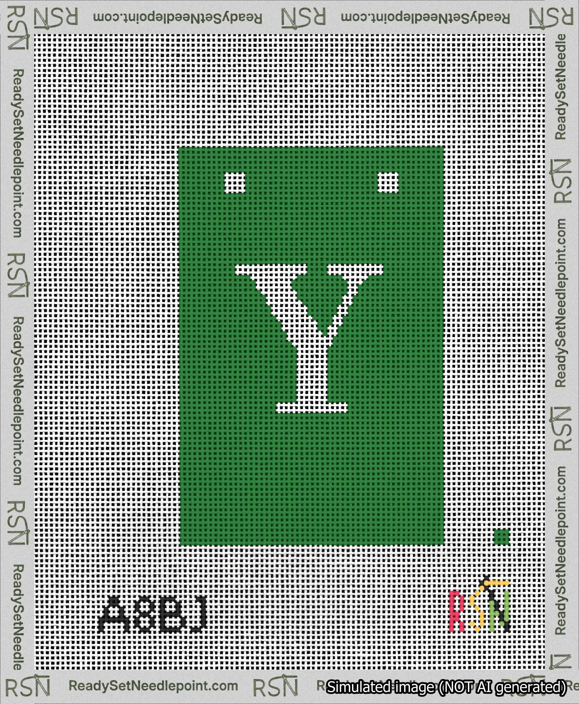 A taped needlepoint canvas with the design: Banner 13 mesh count Squared Y White on Green.