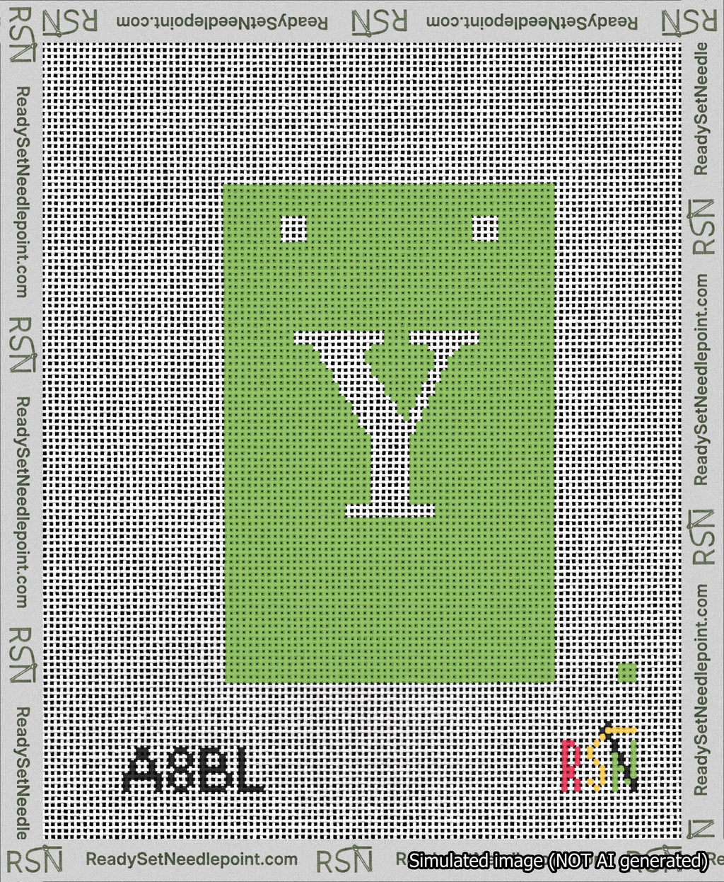 A taped needlepoint canvas with the design: Banner 13 mesh count Squared Y White on Light Green.