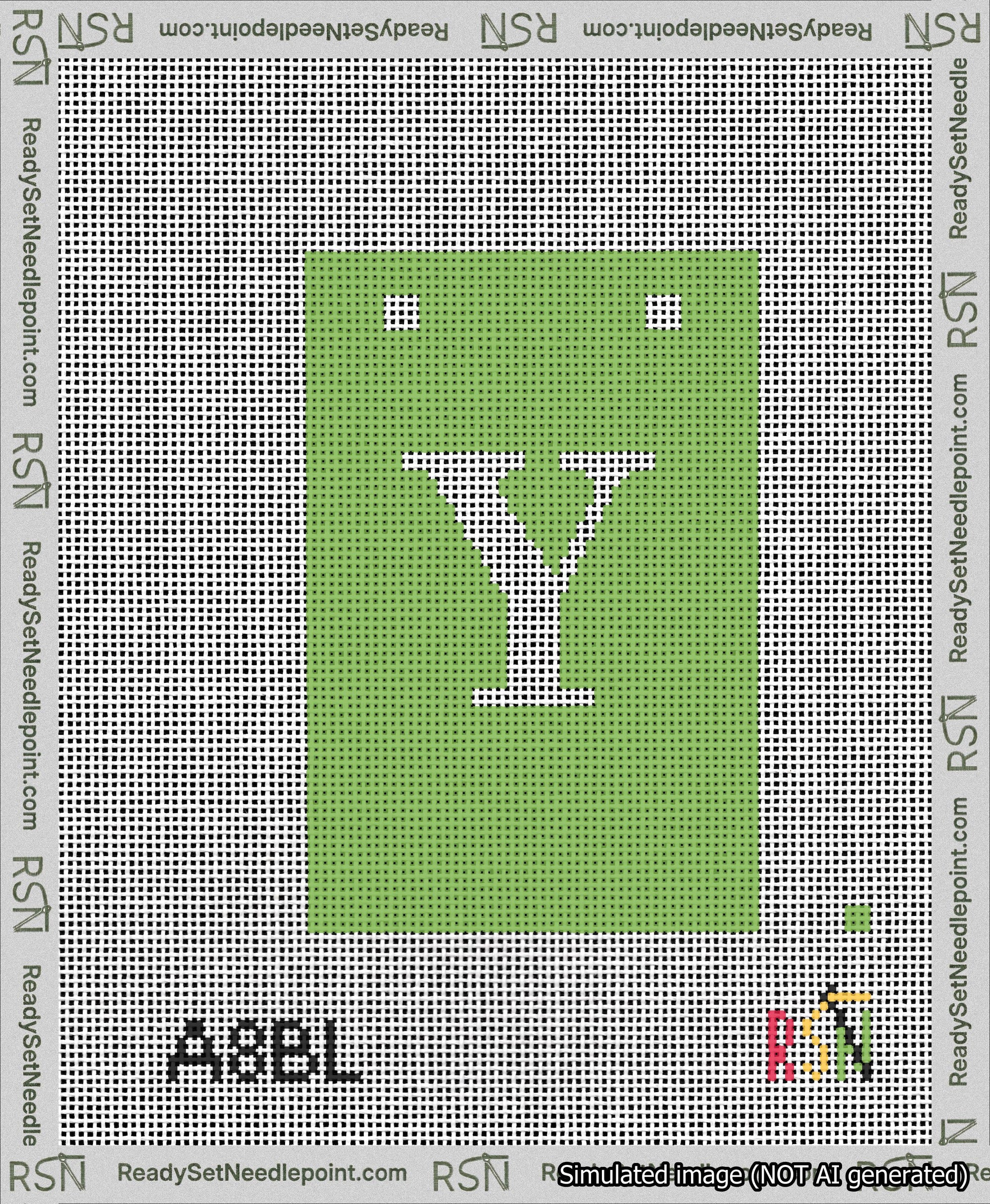 A taped needlepoint canvas with the design: Banner 13 mesh count Squared Y White on Light Green.