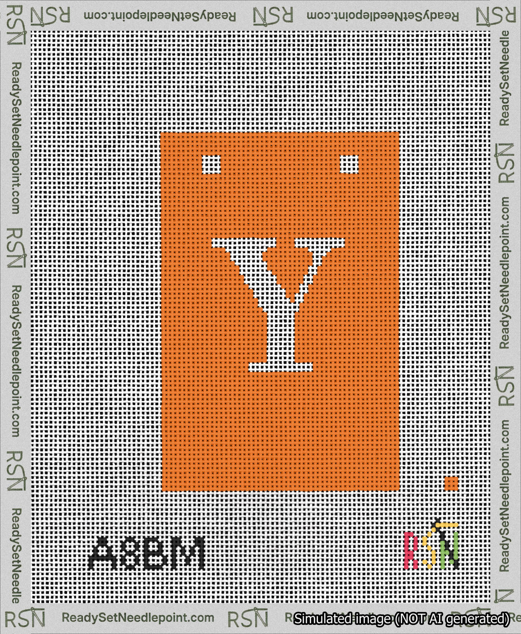 A taped needlepoint canvas with the design: Banner 13 mesh count Squared Y White on Orange.