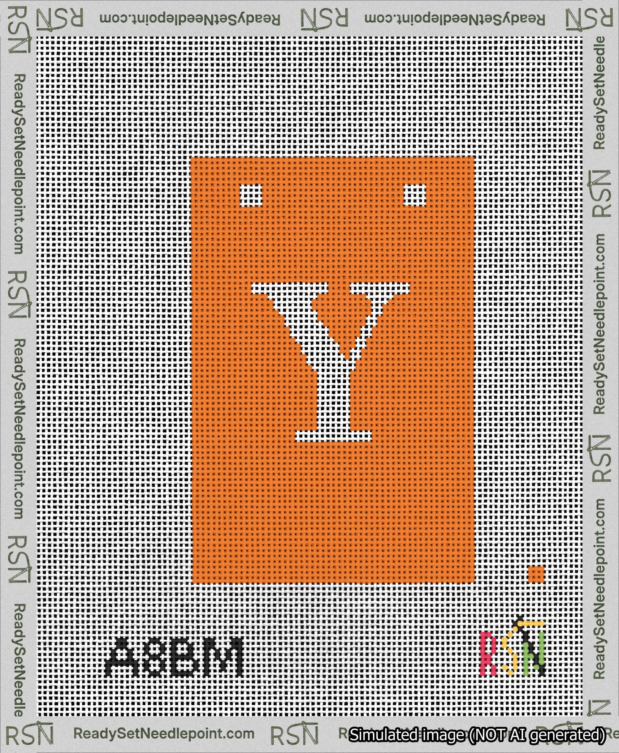 A taped needlepoint canvas with the design: Banner 13 mesh count Squared Y White on Orange.