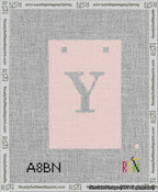 A taped needlepoint canvas with the design: Banner 13 mesh count Squared Y White on Pink.