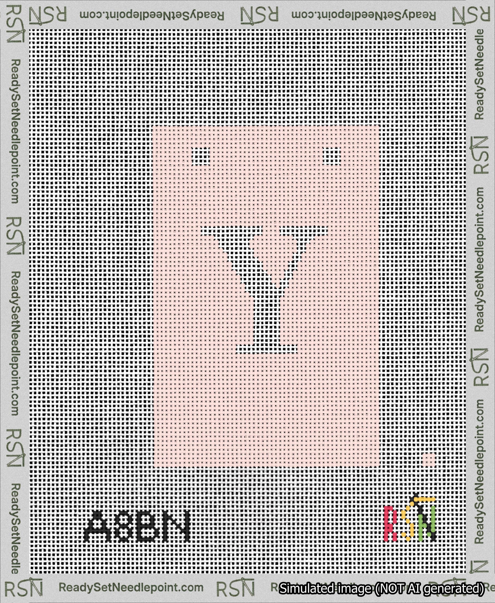 A taped needlepoint canvas with the design: Banner 13 mesh count Squared Y White on Pink.