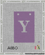 A taped needlepoint canvas with the design: Banner 13 mesh count Squared Y White on Purple.