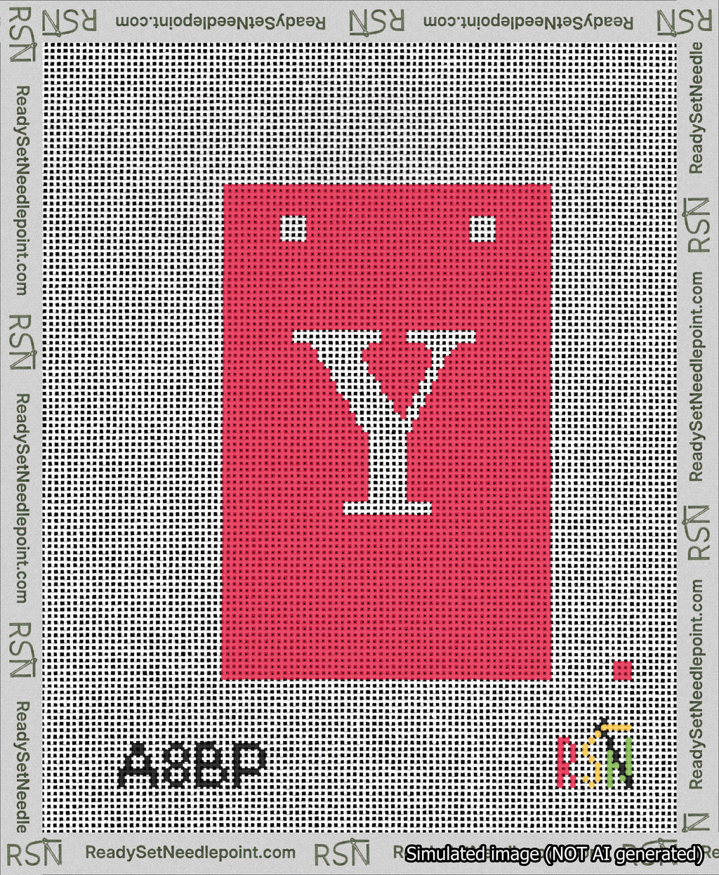 A taped needlepoint canvas with the design: Banner 13 mesh count Squared Y White on Red.
