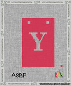 A taped needlepoint canvas with the design: Banner 13 mesh count Squared Y White on Red.