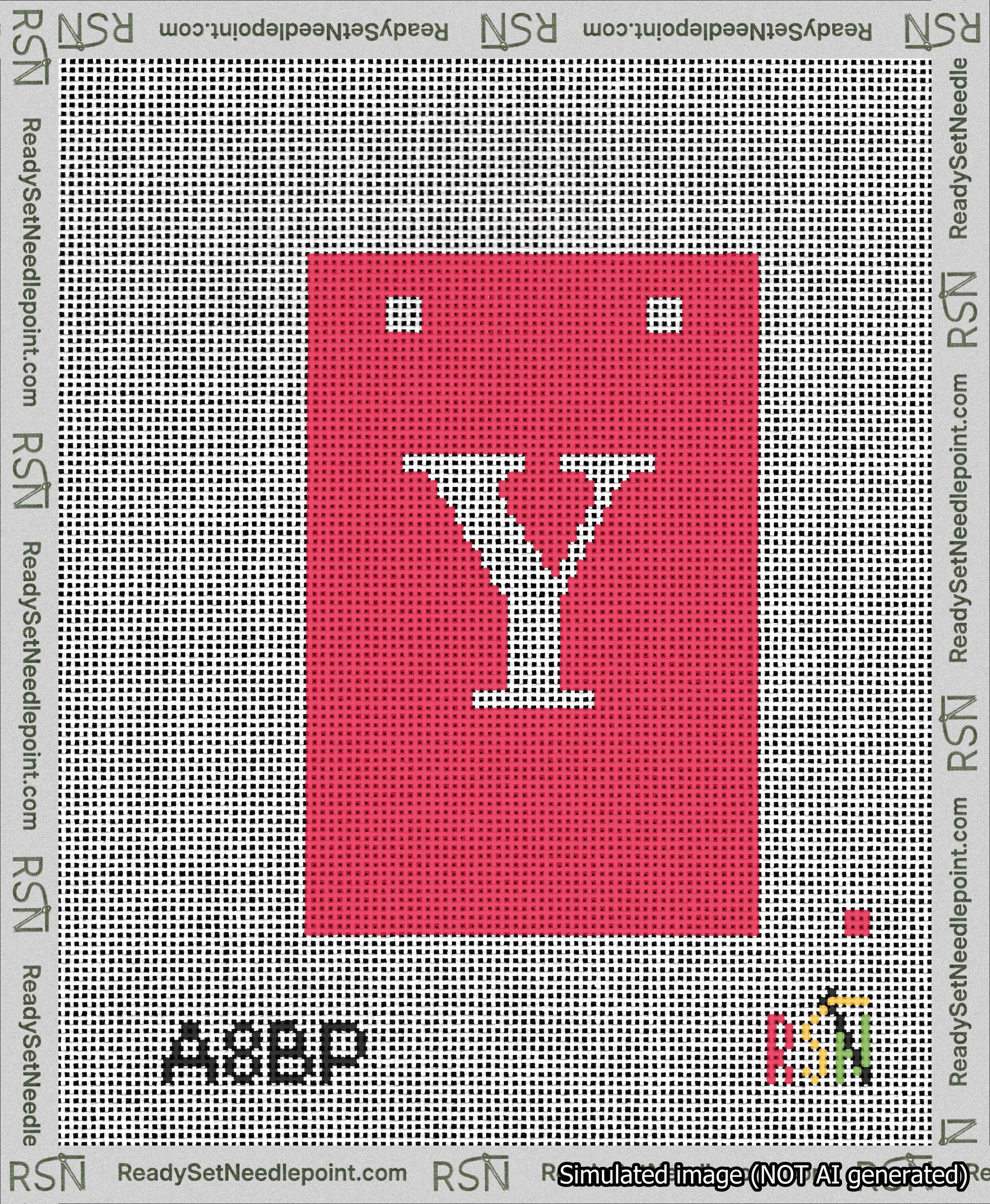 A taped needlepoint canvas with the design: Banner 13 mesh count Squared Y White on Red.