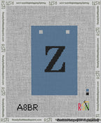 A taped needlepoint canvas with the design: Banner 13 mesh count Squared Z Black on Blue.