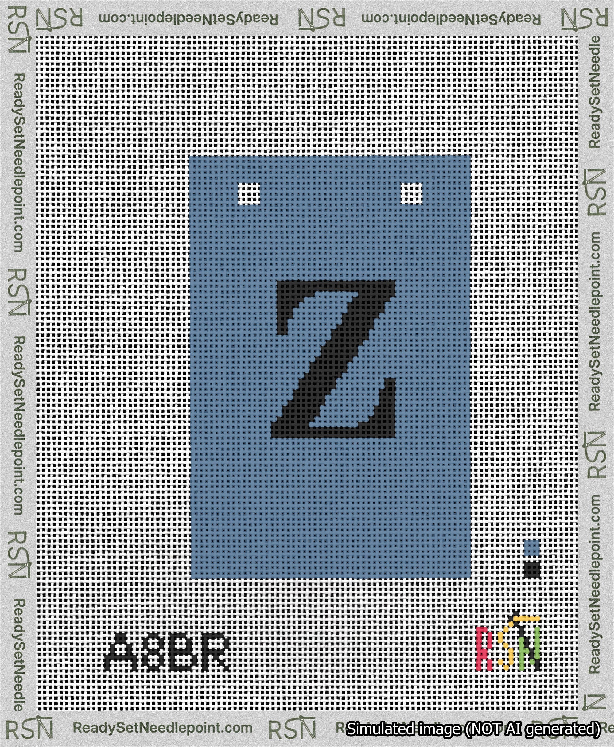A taped needlepoint canvas with the design: Banner 13 mesh count Squared Z Black on Blue.