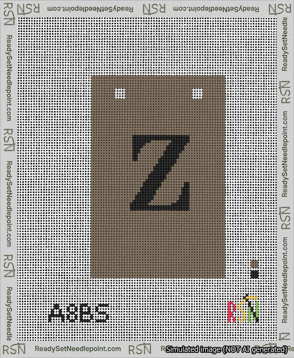 A taped needlepoint canvas with the design: Banner 13 mesh count Squared Z Black on Brown.