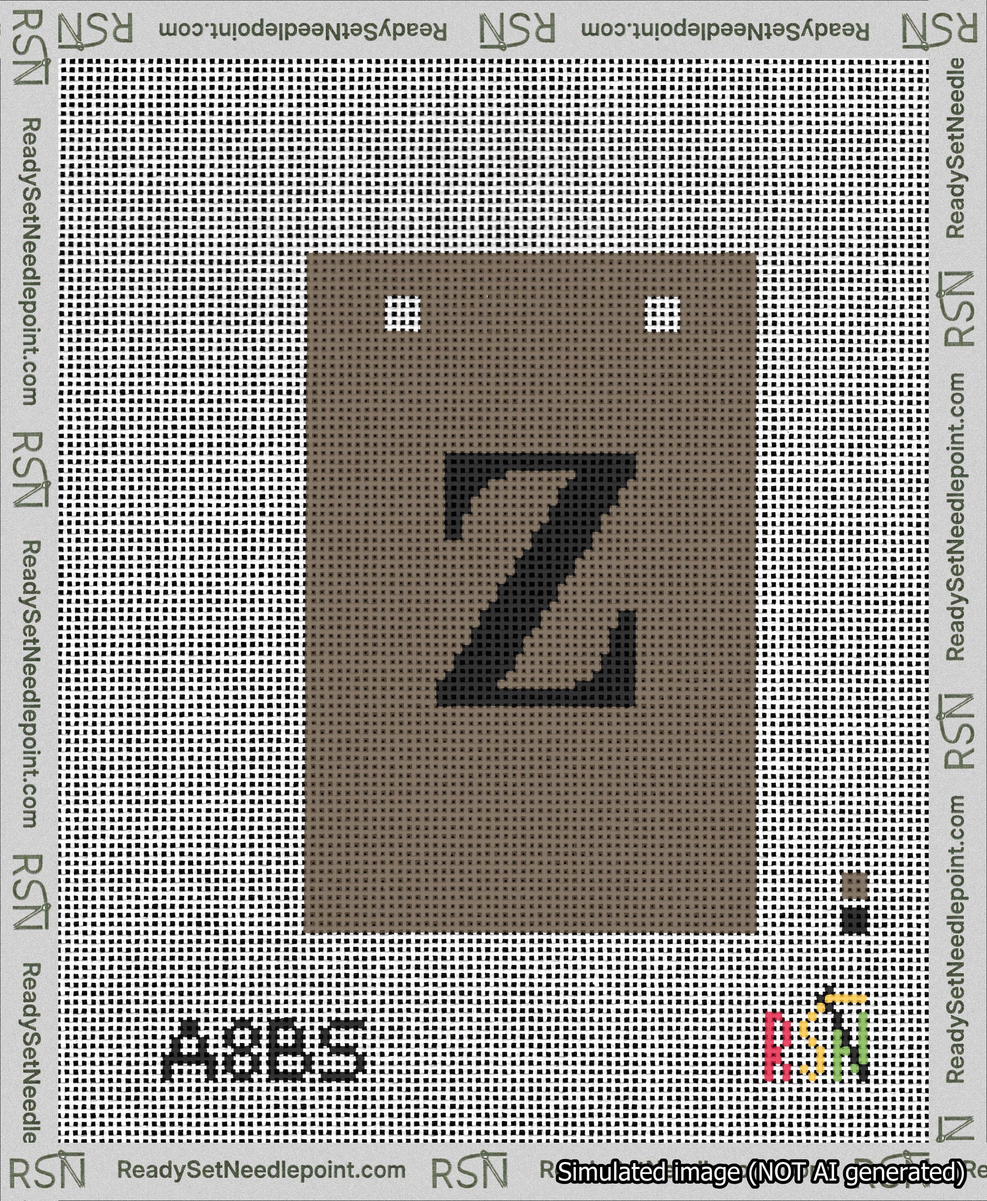 A taped needlepoint canvas with the design: Banner 13 mesh count Squared Z Black on Brown.