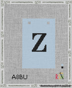 A taped needlepoint canvas with the design: Banner 13 mesh count Squared Z Black on Light Blue.
