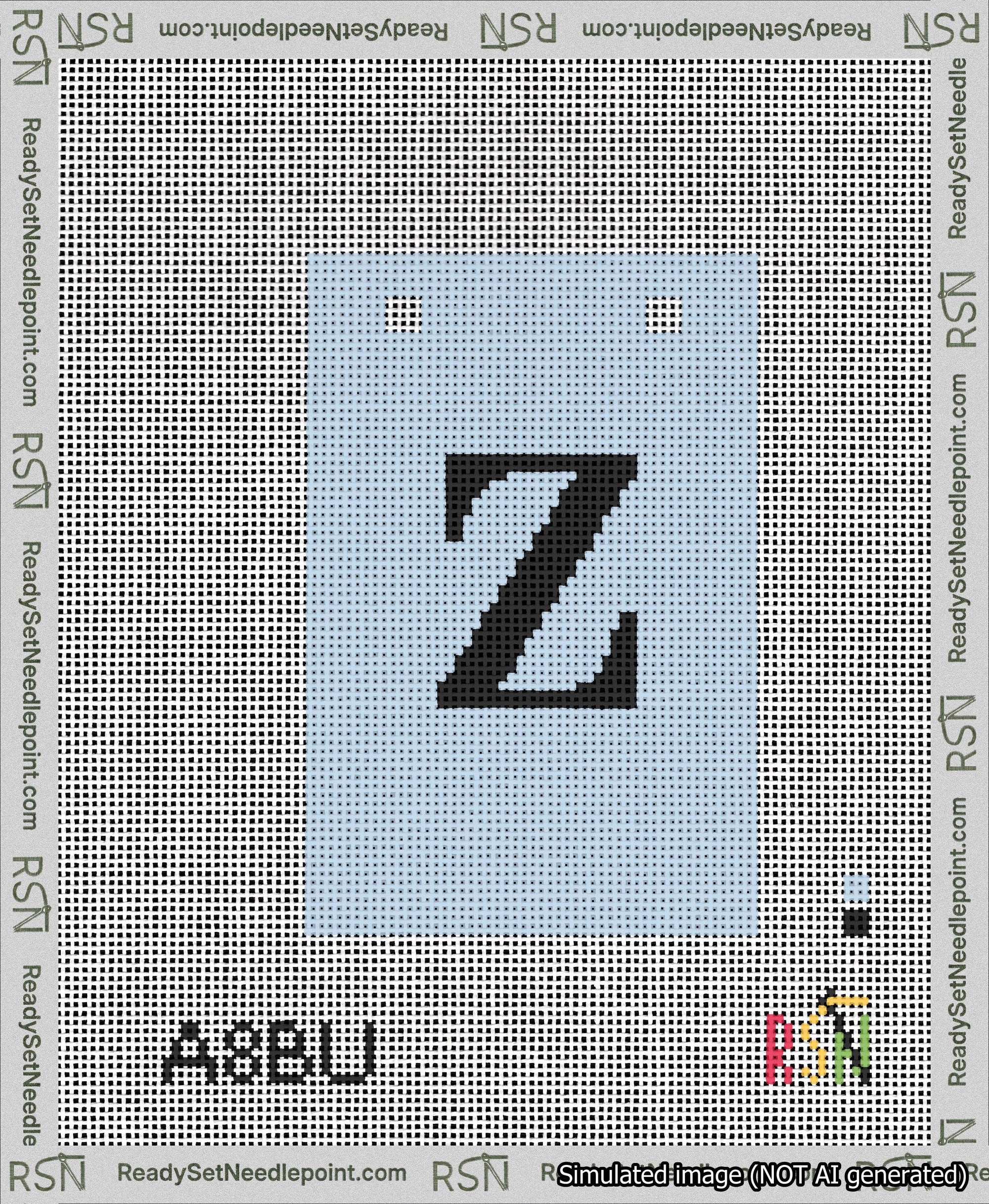 A taped needlepoint canvas with the design: Banner 13 mesh count Squared Z Black on Light Blue.
