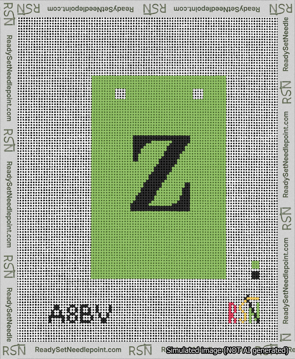 A taped needlepoint canvas with the design: Banner 13 mesh count Squared Z Black on Light Green.